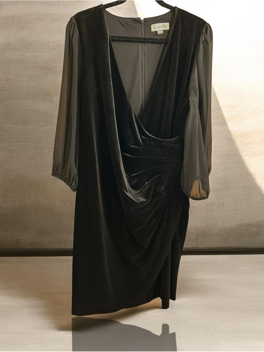 Harper Rae Velvet Draped V-Neck Long Sleeve Dress - Black